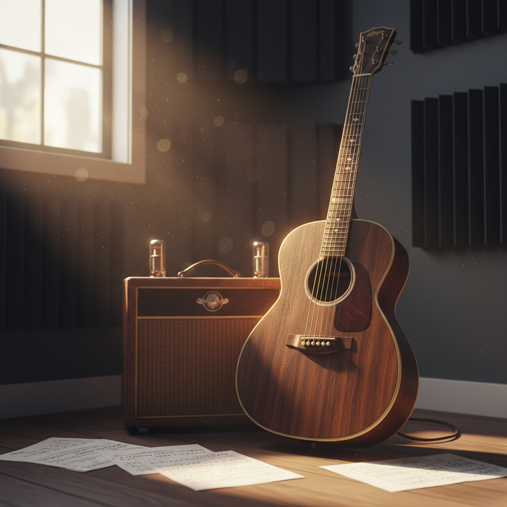 A beautifully worn, dark walnut acoustic guitar resting upright against a vintage tube amplifier, its wood grain rich and intricate, strings slightly dulled from years of playing. The instruments sit in the corner of an intimate recording space lined with deep charcoal acoustic panels and scattered hand-written sheet music on the floor. Late-afternoon golden light pours through a high window, catching dust particles in the air and outlining the guitar’s curves with a gentle halo. Photographic realism, eye-level composition with a shallow depth of field keeps the guitar in crisp focus while the background fades into a soft bokeh, creating an atmosphere of quiet spiritual contemplation and authentic musical devotion.