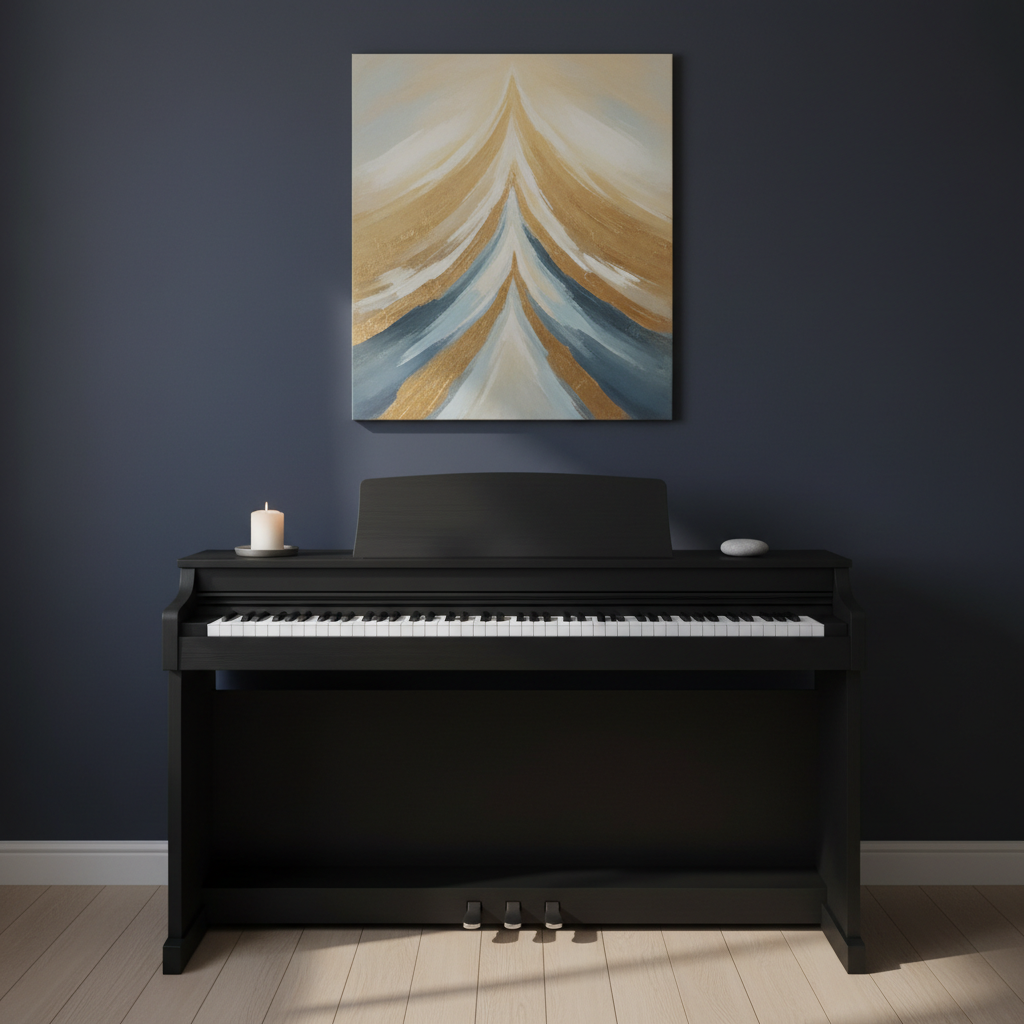 A minimalist home studio altar to music: a single, matte-black digital piano with ivory-textured keys, placed against a deep indigo wall, a small unlit candle and a smooth river stone resting on its closed music stand. Above, an abstract, non-figurative painting suggests rising light and redemption in muted golds and blues. Soft, diffused pre-dawn light seeps in from an unseen window, creating subtle reflections on the keys and gentle shadows beneath the instrument. Photographic realism, composed using the rule of thirds from a slightly elevated angle, the scene feels meditative and sacred, emphasizing music as a quiet path to spiritual renewal and inner balance.