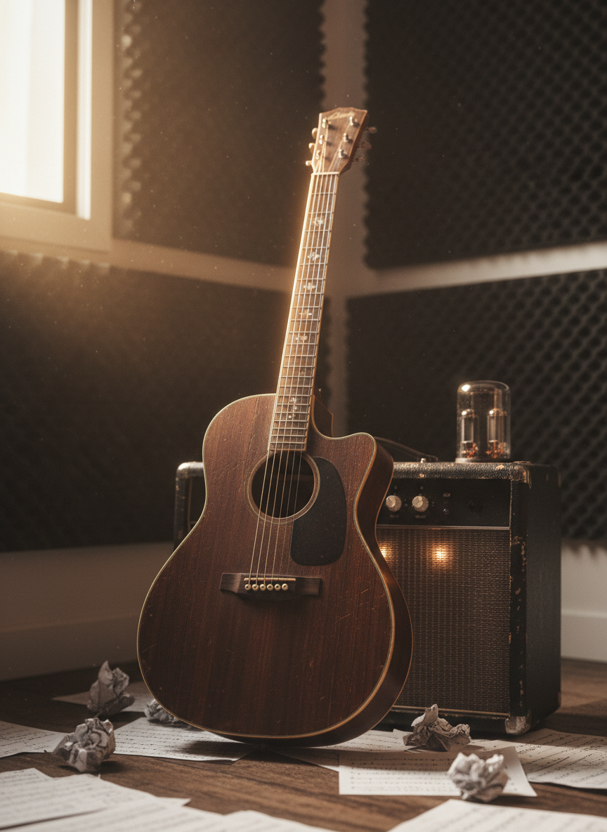 A beautifully worn, dark walnut acoustic guitar resting upright against a vintage tube amplifier, its wood grain rich and intricate, strings slightly dulled from years of playing. The instruments sit in the corner of an intimate recording space lined with deep charcoal acoustic panels and scattered hand-written sheet music on the floor. Late-afternoon golden light pours through a high window, catching dust particles in the air and outlining the guitar’s curves with a gentle halo. Photographic realism, eye-level composition with a shallow depth of field keeps the guitar in crisp focus while the background fades into a soft bokeh, creating an atmosphere of quiet spiritual contemplation and authentic musical devotion.
