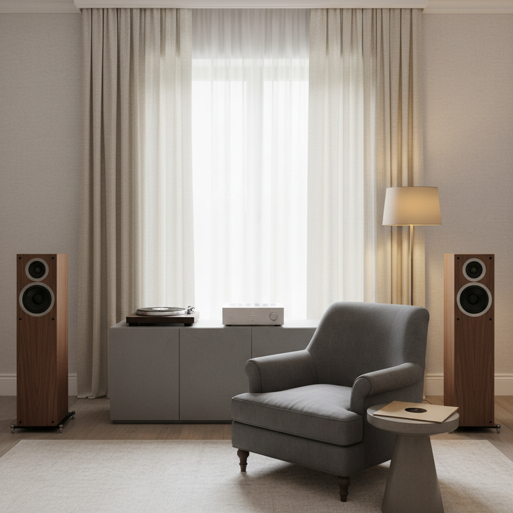 A serene, high-end listening corner designed for deep, spiritual immersion in music: a pair of tall, matte walnut floor speakers stand on either side of a low, slate-gray cabinet housing a sleek turntable and discreet amplifier. Thick, neutral-toned curtains frame a large window that reveals only a soft, overcast sky, muting the outside world. A single, plush, charcoal armchair faces the speakers at a slight angle, with a small side table holding a closed, unmarked vinyl record sleeve. Photographic realism, lit by gentle, indirect daylight and a warm floor lamp behind the chair, captured at eye level with balanced, symmetrical framing to convey sophistication, inner stillness, and genuine emotional connection to sound.