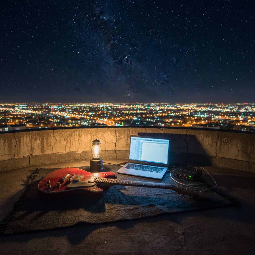 An atmospheric nighttime scene of a modest rooftop setup: a weathered mahogany electric guitar lying flat on a dark wool blanket beside a compact laptop and a small audio interface, all surrounded by a low barrier of concrete. City lights shimmer in soft focus below, while a clear sky reveals a scattering of stars above. Only a single portable lamp and the laptop screen illuminate the space, casting a soft, introspective glow across the instruments and creating long, gentle shadows. Shot in photographic realism from a slightly elevated, wide composition, the image suggests solitary creative ritual, spiritual reflection, and the search for redemption through late-night songwriting above the noise of the world.